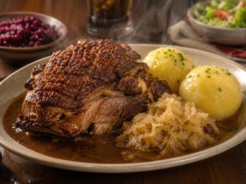 Hei&szlig;es Sch&auml;ufele mit Kl&ouml;&szlig;en und Sauerkraut
Dampfendes fr&auml;nkisches Sch&auml;ufele mit knuspriger Kruste, Kl&ouml;&szlig;en, Sauerkraut und kr&auml;ftiger Bratenso&szlig;e.