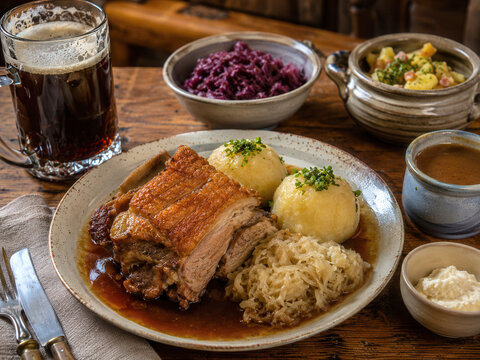Fr&auml;nkisches Sch&auml;ufele mit Beilagen und Bier
Rustikal serviertes Sch&auml;ufele mit Kl&ouml;&szlig;en, Sauerkraut, So&szlig;e, Rotkraut, Kartoffelsalat und Bier im Wirtshaus.