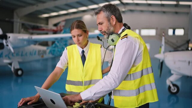 Aviation instructor training female pilot in hangar