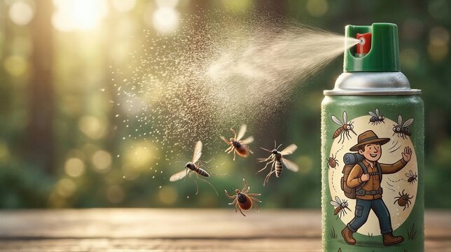 Insect repellent spray bottle with aerosol mist. Protective skin treatment against tick and mosquito bite in forest. Camping equipment and pest control product for outdoor summer safety.