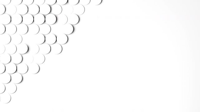 Abstract 4K white circles geometric background. 3D overlapping round shapes seamless loop with copy space.