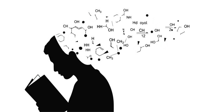 Silhouette of a person reading with chemistry formulas in thought