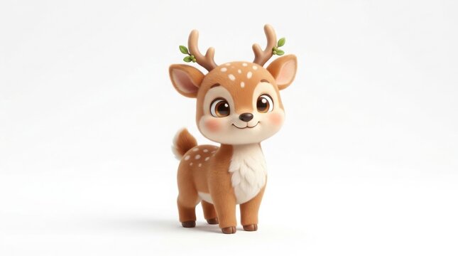 Adorable baby deer character with antlers and green leaves, cute fawn 3D render illustration, whimsical forest animal for nursery decor isolated on White Background