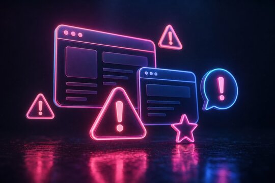 Neon glowing browser windows and warning icons symbolize a cybersecurity threat or system error alert within a futuristic digital interface featuring vibrant pink and blue light
