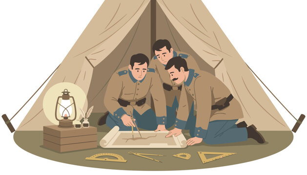 Three soldiers in uniform kneel inside a tent to study a map on the floor using a compass and a lantern with a very serious demeanor.