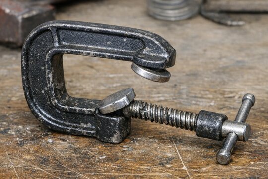 A metal clamp sits atop a wooden table, ready for use