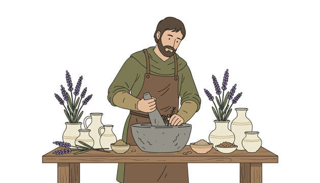 A focused herbalist wearing a brown apron prepares medicinal mixtures with a heavy mortar and pestle surrounded by vibrant lavender sprigs.