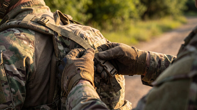 Adult soldier helping another teammate by fastening tactical backpack strap outdoors in sunlight