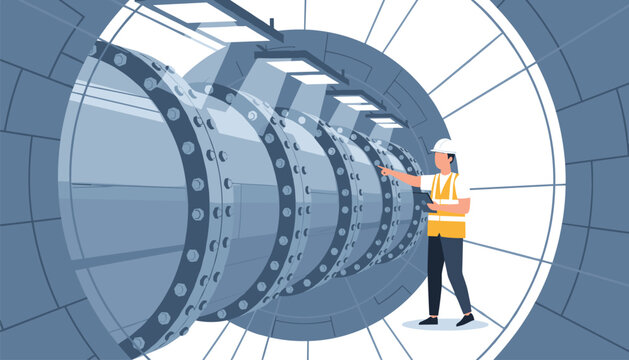 A construction worker in a high-visibility vest points toward a massive bolted metal pipe section located inside a circular tunnel structure.