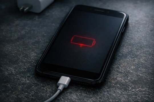A cell phone being charged using a charging cable and adapter