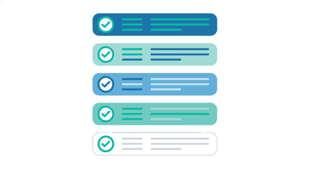 Five distinct horizontal bars in shades of blue and green display checkmark icons and placeholder text lines on a clean, bright white background.