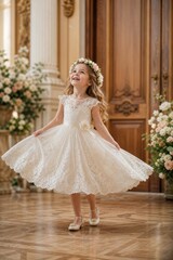 Fototapeta premium Little girl flower girl in white dress twirling happily in a luxury ballroom with floral arrangements and ornate wooden doors during a formal wedding celebration