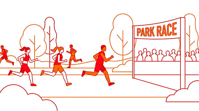 A vibrant illustration of people running in a park race with a crowd of spectators