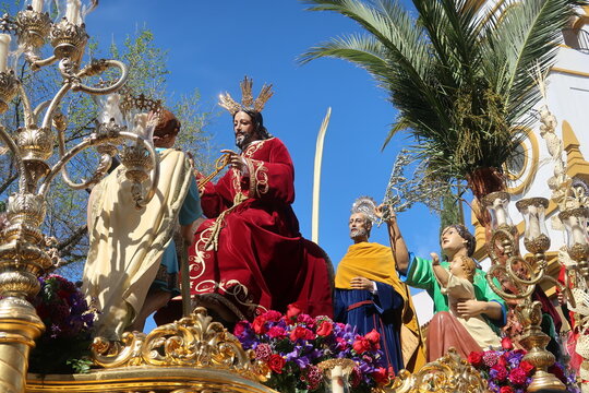 The Holy Week (Semana Santa) processional float. Jesus Christ riding on a donkey on Palm Sunday in Badajoz, Extremadura, Spain