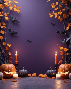 Fondo decorativo de Halloween con hojas oto&ntilde;ales, murci&eacute;lagos, velas y espacio central para texto