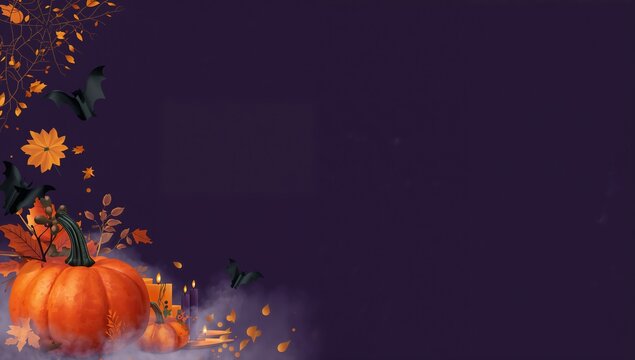 Fondo de Halloween con borde lateral de calabazas naranjas, ambiente morado oscuro y espacio para texto publicitario