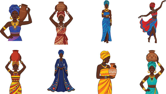Set of African women in traditional clothing and headwraps carrying clay pots and dancing, hand-drawn vector illustration collection.