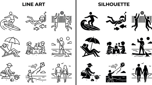 Summer Activities Silhouette Icons Line Art Variations On White Background