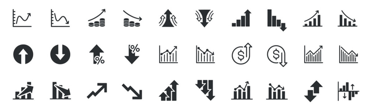 Collection of business and finance icons featuring various graphs, Charts, And symbols for growth, Profit, And statistics
