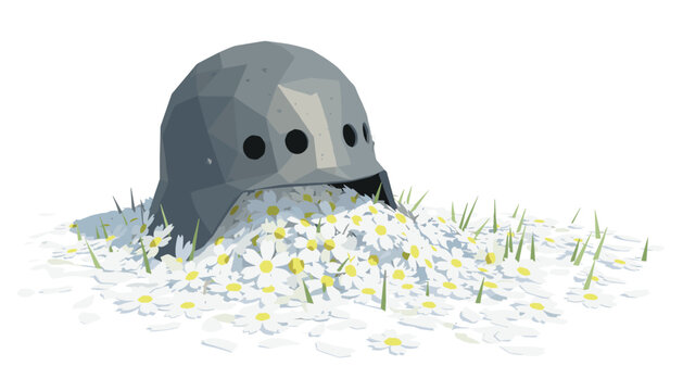 A grey, faceted, lowpoly helmet rests partially buried in a dense, lush patch of white daisies against a clean, stark white background.