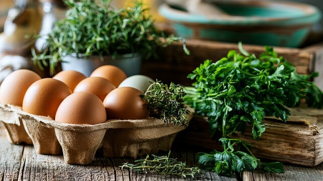 A carton of brown eggs and fresh herbs on a wooden table in a rustic kitchen setting.