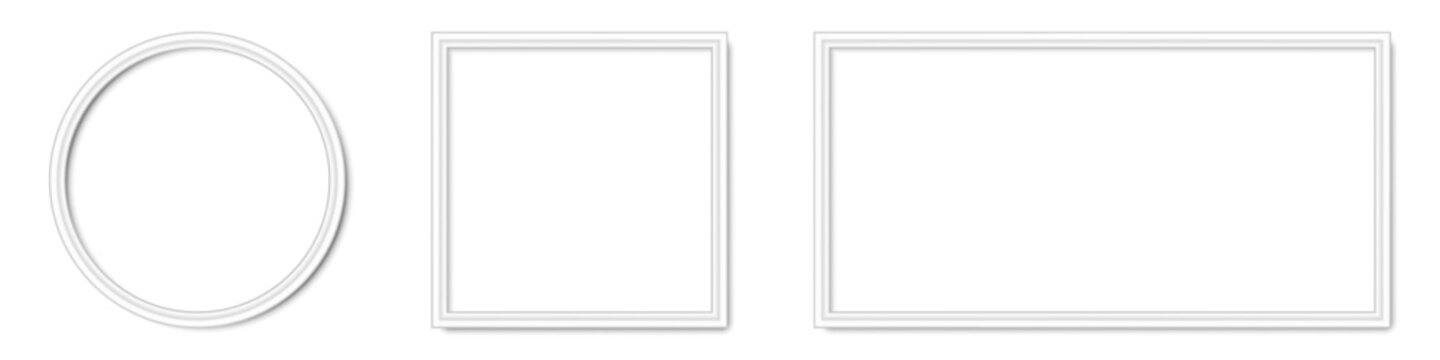 White picture frame and image gallery border with circle square rectangle shadow outline blank molding baseboard vector isolated on transparent background