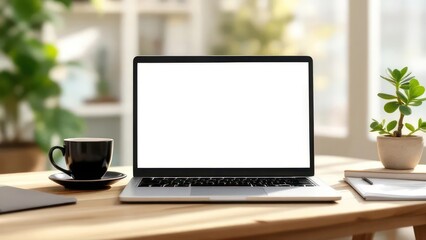Fototapeta premium Modern laptop on wooden desk with coffee mug