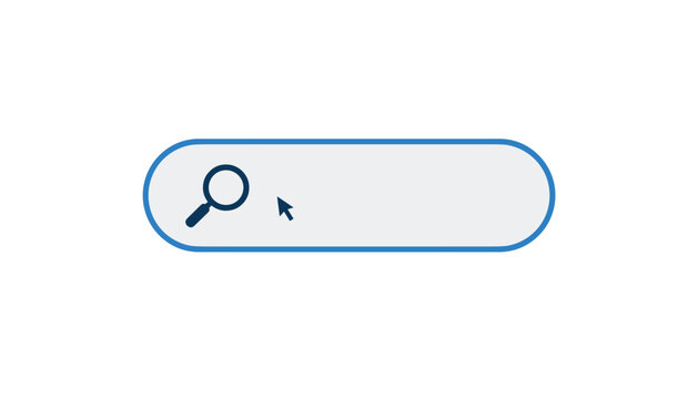 A sleek, rounded search input field features a dark blue magnifying glass icon accompanied by a precise mouse cursor pointer for user input.