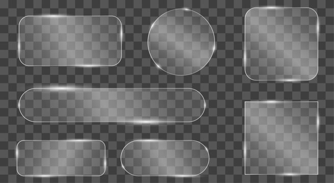 Set Of Glass Frames. White Glass Effect With Square, Rectangular And Rounded Shapes. Pannels in glassmorphism and transparent Style.