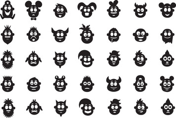 Fototapeta premium Black Silhouettes of Cartoon Emojis Set Vector Collection