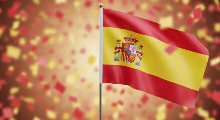 Spanish flag waving on a pole with falling confetti in the background. National holiday and celebration event. Patriotic banner for patriotic display.