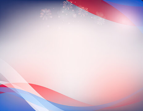 Vibrant abstract background with red, white, and blue waves and fireworks