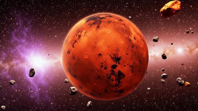 Red planet with asteroids in space