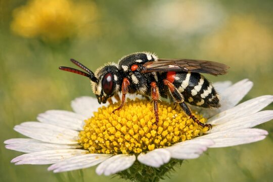 A close-up shot of a bee collecting nectar from a flower