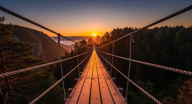 Long wooden suspension bridge leading into a thick green pine forest during a golden sunset over the mountains