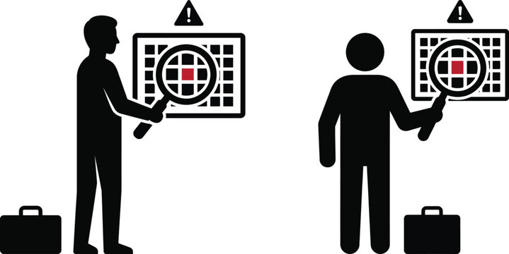Auditor inspecting data board with magnifying glass to identify errors or risks with warning sign and briefcase for quality control and business compliance monitoring process illustration.