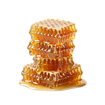 Golden honeycomb tower glistening with flowing honey against a white backdrop