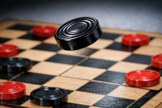 Close-up of a checkerboard featuring red and black knobs, suitable for use in designs related to strategy, competition, or games