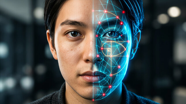 K&uuml;nstliche Intelligenz: Digitales Gesichtserkennungssystem auf menschlichem Portr&auml;t mit Fibonacci-Spirale