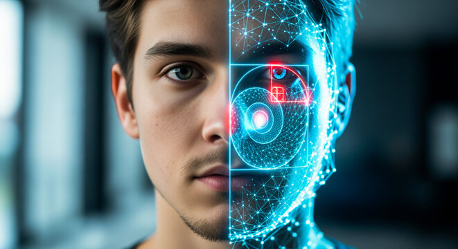 Gesichtserkennung mit k&uuml;nstlicher Intelligenz als digitales Overlay auf Portr&auml;t eines jungen Mannes