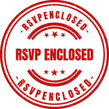 A round red ink stamp design showing the text rsvp enclosed for invitations and correspondence usage