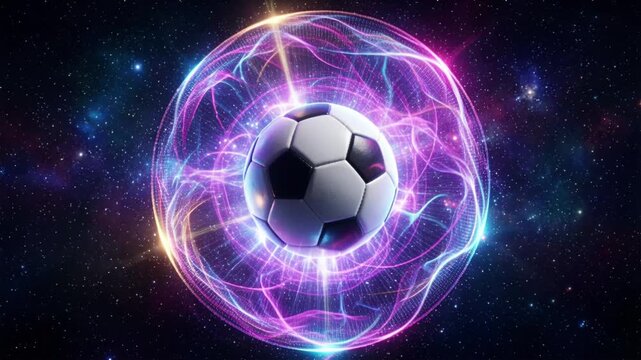 Abstract glowing energy waves forming a spherical pulse around a generic soccer football, floating in dark space, neon gradients, no logos, high‑detail premium 3D unity aesthetic.