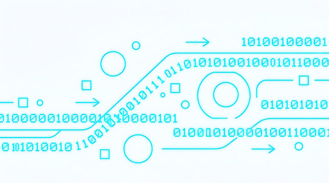 A vector graphic illustration of a stylized binary code design with arrows and shapes on a white background