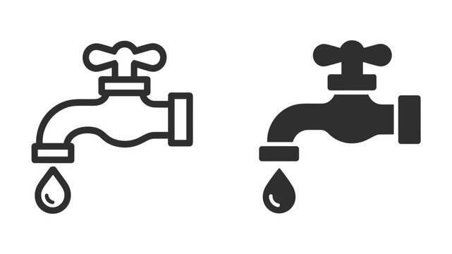 Water Faucet Icons. Two stylized water faucets are depicted, one in outline and one filled, with a single water droplet falling from each, symbolizing water conservation and supply.