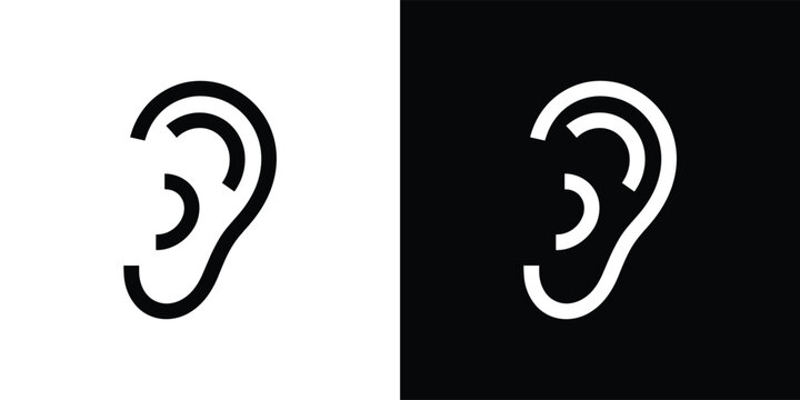 Auditory Perception Icon. A minimalist graphic depicting a human ear, presented in both black and white versions, symbolizing listening, hearing, and auditory awareness.