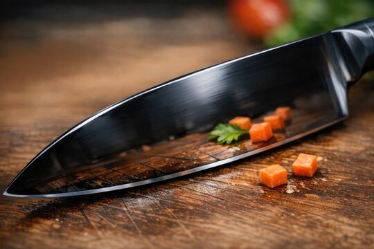 Freshly chopped carrots sit next to a sharp knife on a clean cutting board, ready for cooking or meal prep