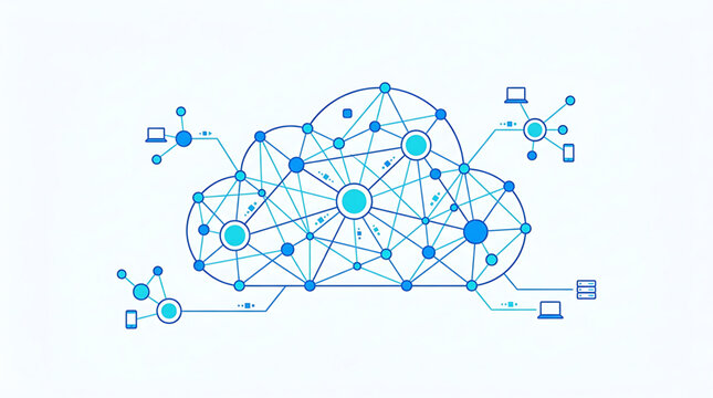 A vector graphic illustration of a cloud network connection with nodes and lines