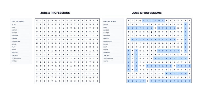 Word Search Crossword Puzzle - Professions Theme | Filword with Solution