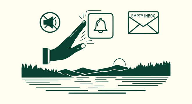 Digital Detox Concept Illustration with Nature Landscape Muted Icons and Empty Inbox Notification.