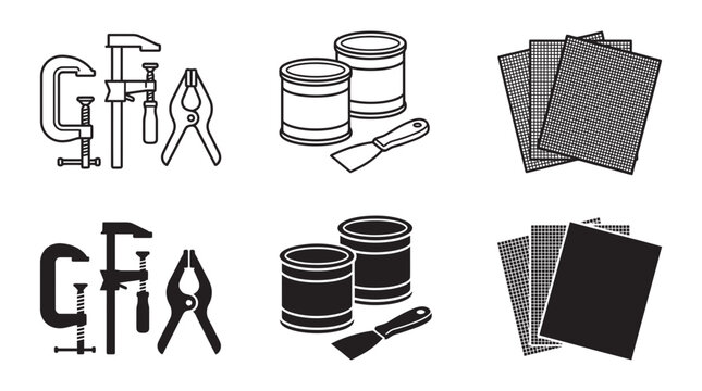Diy tool and hardware icon set featuring metal clamps paint cans and textured surface materials material hardware